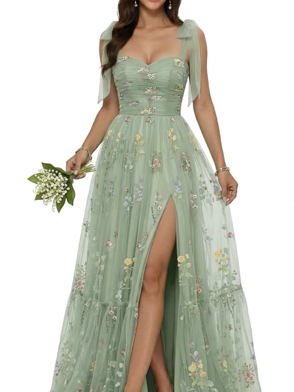 Green Floral Embroidered Tulle Maxi Dress with Shoulder Ties for HOCO or Prom